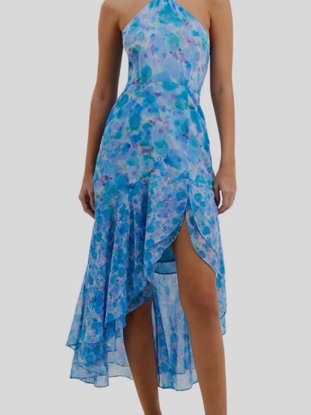 French Connection Blue Aqua Floral One-Shoulder High-Low Dress
